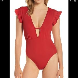 Beth Richards Sophia One Piece Swimsuit Size XS Women Red Plunging Neck Ruffle